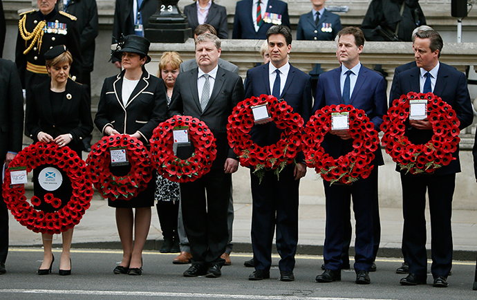 Scottish First Minister Nicola Sturgeon (L-R) stands with, Northern Ireland Executive Enterprise Minister Arlene Foster, SNP MP Angus Robertson, former Labour Party leader Ed Miliband, former Liberal Democrat leader Nick Clegg, and Prime Minister David Cameron, as they line up to pay tribute at the Cenotaph during a Victory in Europe (VE) day ceremony in central London May 8, 2015 (Reuters / Stefan Wermuth)