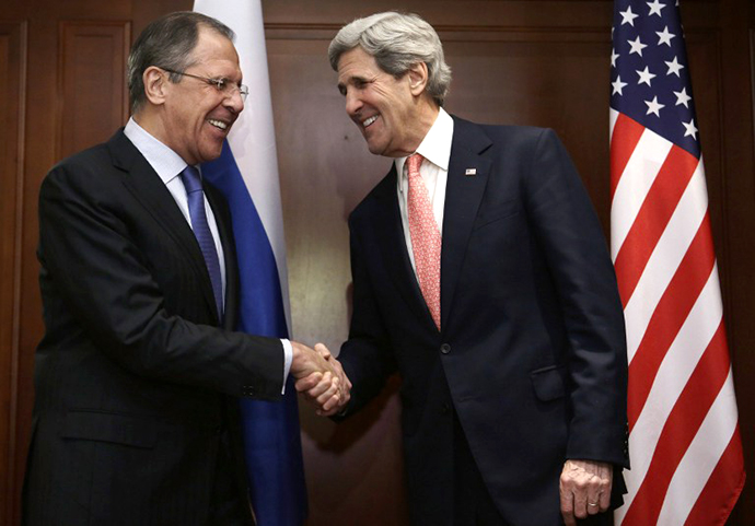 US Secretary of State John Kerry (R) and Russian foreign minister Sergei Lavrov shake hands at the beginning of their meeting in Berlin on February 26, 2013. (AFP Photo / Jacquelin Martin)