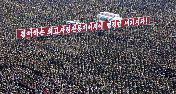 This photo taken and released by North Korea's official Korean Central News Agency (KCNA) on March 29, 2013 shows a gathering at Kim Il Sung Square in Pyongyang to support the statement of the Supreme Command of the North Korean Army and to win victory in the battle with the US and South Korea. (AFP Photo/KCNA via KNS)