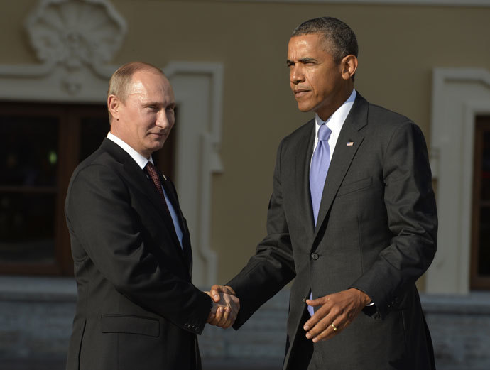 Russiaâs President Vladimir Putin welcomes US President Barack Obama at the start of the G20 summit on September 5, 2013 in Saint Petersburg.(AFP Photo / Eric Feferberg)