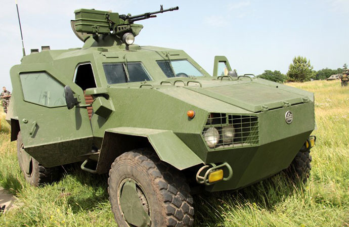 A view of a new Dozor-B Ukrainian army armoured personnel carrier at the training ground in Chuguyev, Kharkiv region, during a presentation of the vehicle on June 4, 2014. (AFP Photo / Sergey Bobok)
