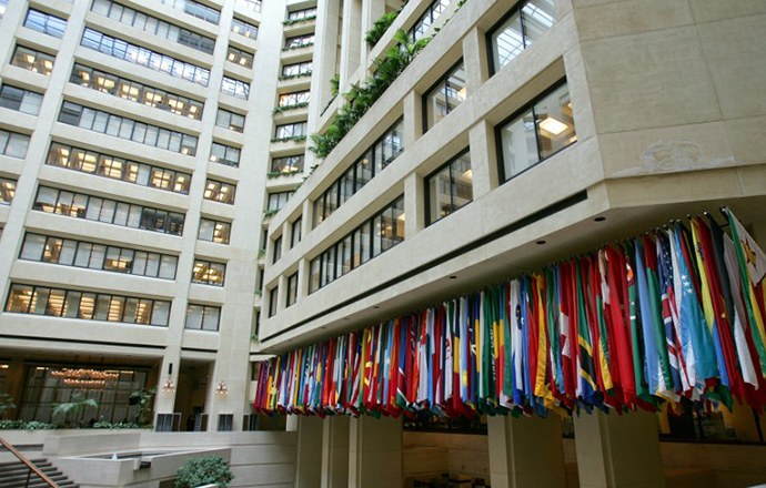 The International Monetary Fund Headquarter Buildings' central atrium has flags representing all the participating countries in Washington, DC. (AFP Photo / Tim Sloan)