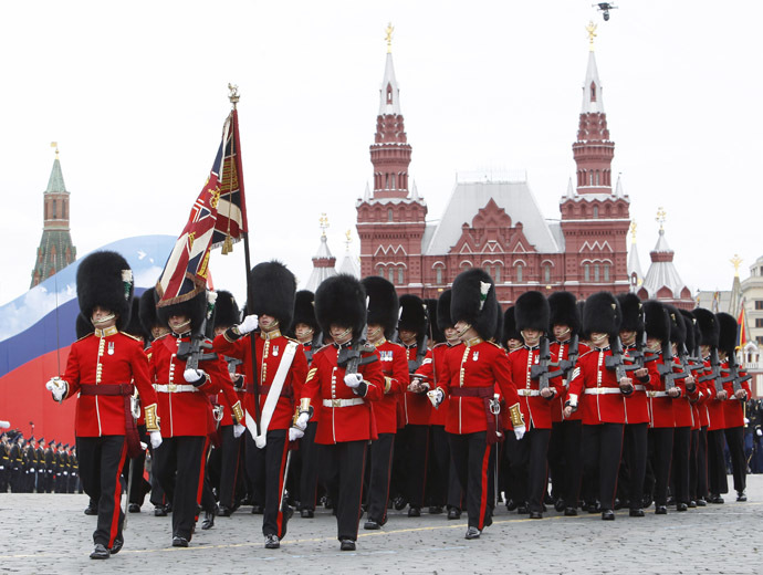British military personnel march along Red Square during a military parade dress rehearsal in Moscow May 6, 2010. (Reuters)