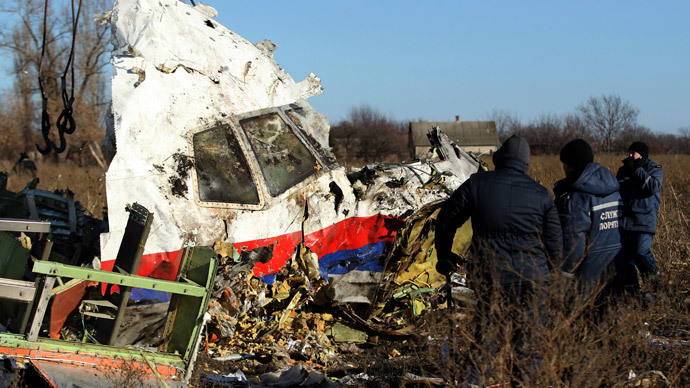 Local workers transport a piece of wreckage from Malaysia Airlines flight MH17 at the site of the plane crash near the village of Hrabove (Grabovo) in Donetsk region, eastern Ukraine November 20, 2014.(Reuters / Antonio Bronic)