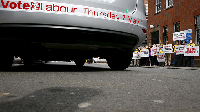 Tory supporters hold banners outside the Royal Horticultural Halls before Britain's opposition Labour party leader Ed Miliband addresses an audience during a campaign event in London, Britain May 2, 2015. (Reuters/Stefan Wermuth)