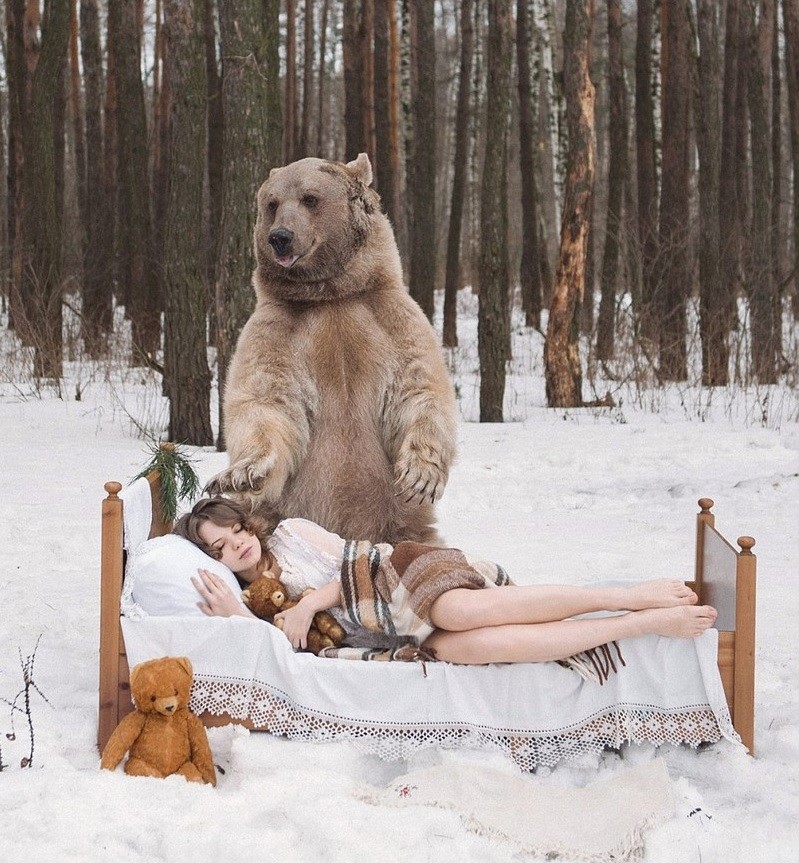 Cajoler un ours de 650 kg dans la neige et en maillot de bain ? Des mannequins russes l’ont fait !