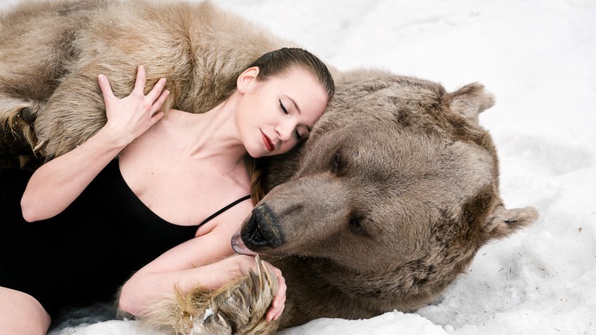 Cajoler un ours de 650 kg dans la neige et en maillot de bain ? Des mannequins russes l’ont fait !