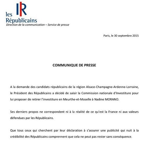 Affaire Morano : Sarkozy demande le retrait de son investiture pour les régionales