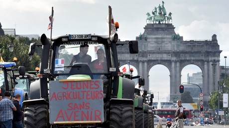 Des agriculteurs venus de toute l'Europe ont manifesté devant la Commission européenne, à Bruxelles, lundi 7 septembre.
