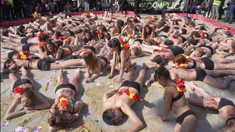 A demi-nus et couverts de sang factice, des manifestants dénoncent la corrida à Madrid 
