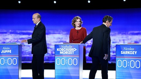 Alain Juppé, NKM et Nicolas Sarkozy lors du premier débat télévisé de la primaire