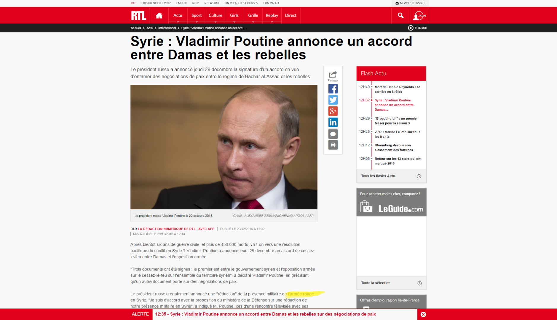 Nostalgie ? RTL évoque la présence militaire de l’«armée rouge» de Poutine en Syrie