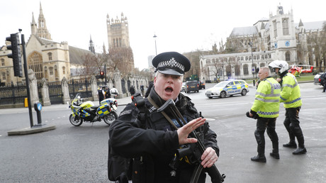 Les forces de l'ordre britanniques devant le Parlement le 22 mars après l'annonce d'une attaque terroriste