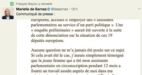 Quand Bayrou, ministre de la Justice, retweete la ligne de défense de Marielle de Sarnez