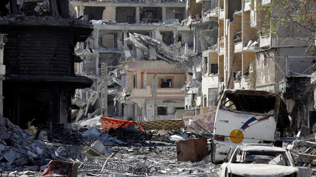 Le centre cille de Raqqa en ruine après les bombardements de la coalition, le 18 octobre