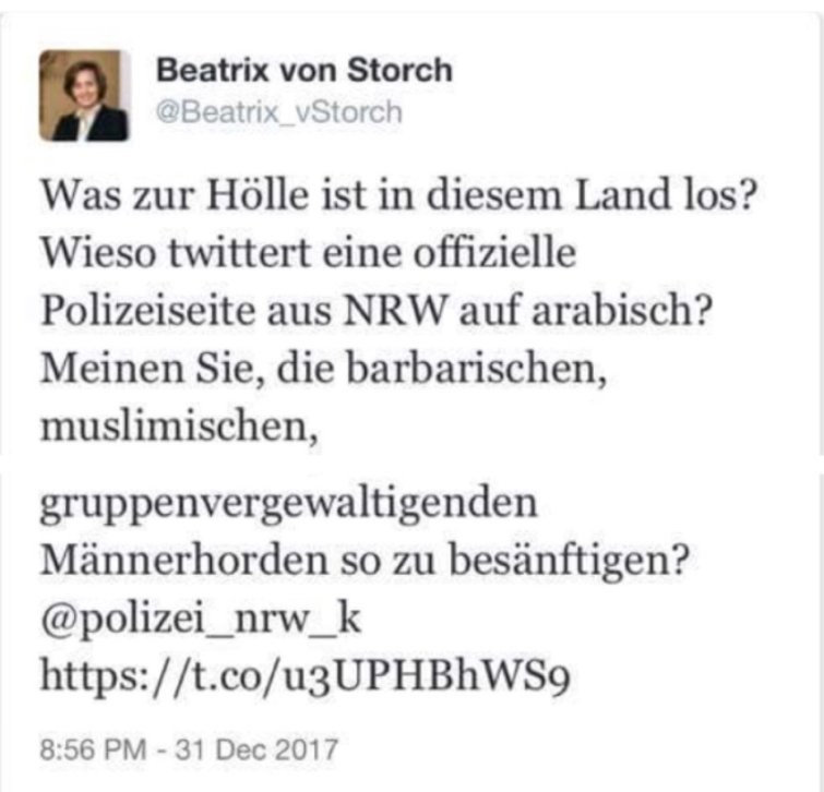 Cologne : la porte-parole de l'AfD dénonce un tweet en arabe de la police, qui porte plainte