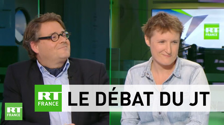 Sur le plateau de RT France, Guillaume Bernard (à gauche), Alice Coffin (à droite) ont débattu sur une éventuelle extension de la PMA pour les couples de femmes