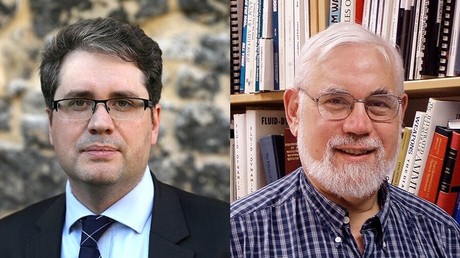 A gauche : Eliot Higgins, fondateur du site d'investigation Bellingcat ;  à droite : le professeur au MIT Theodore Postol.