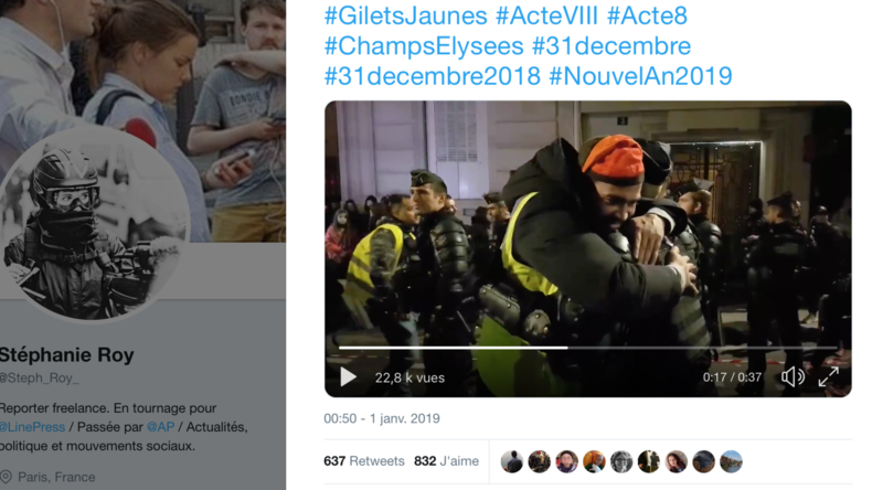 Câlinothérapie ? A minuit, des Gilets jaunes embrassent des gendarmes sur les Champs-Elysées (VIDEO)