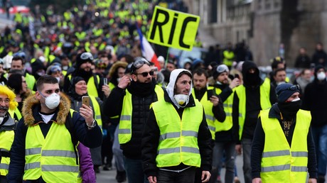 Un Gilet jaune brandit une pancarte en faveur du RIC (référendum d'initiative citoyenne en toutes matières), à Nantes, le 29 décembre. 