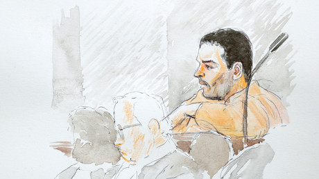Représentation de Mehdi Nemmouche par un dessinateur de la cour lors de son procès au Palais de justice de Bruxelles, le 10 janvier 2019. 