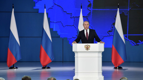 Le président russe Vladimir Poutine lors de son discours devant l'Assemblée fédérale à Moscou, le 20 février.