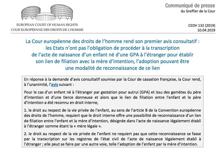 GPA : la CEDH juge la retranscription des actes de naissance étrangers en France non obligatoire