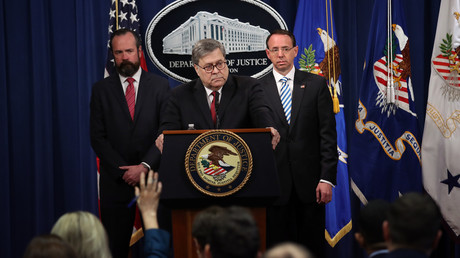 Le ministre de la Justice américain, William Barr, lors de sa conférence de presse précédant la publication du rapport Mueller, le 18 avril 2019, à Washington.