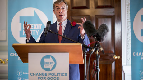 Nigel Farage, leader du Parti du Brexit, lors du meeting de lancement de la campagne européenne du parti à Londres, le 23 avril 2019 (image d'illustration).