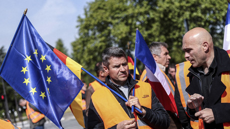 Des producteurs de betteraves arborent des drapeaux européen, français et allemand lors d'une manifestation devant l'ambassade d'Allemagne à Paris contre le projet de fermeture de deux usines de Saint-Louis Sucre le 7 mai 2019