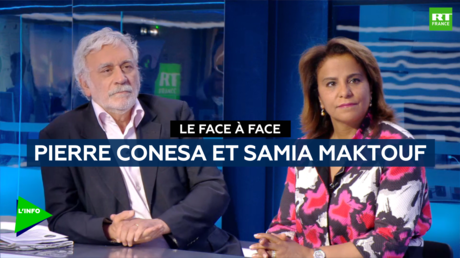 L’avocate Samia Maktouf et l’ancien haut fonctionnaire Pierre Conesa sur le plateau de RT France. 