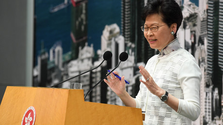Le chef de l’exécutif hongkongais, Carrie Lam, lors de sa conférence de presse du 15 juin 2019 depuis le siège gouvernemental, à Hong Kong.