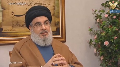 Hassan Nasrallah, le chef du Hezbollah libanais lors d'une intervieuw à la chaîne de télévision Al-Manar, le 12 juillet 2019.