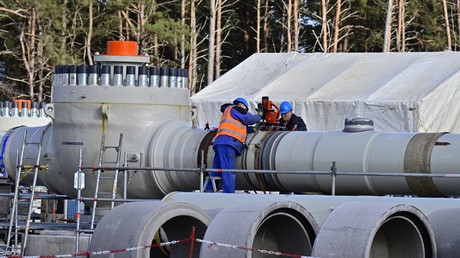 Des ouvriers sur le chantier de construction du gazoduc Nord Stream 2 à Lubmin, dans le nord-est de l'Allemagne, le 26 mars 2019 (illustration).