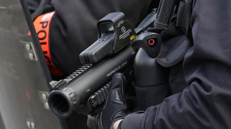 Un policier tient un LBD40 dans ses mains, le 13 avril 2019 à Paris (image d'illustration).