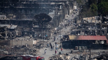 Ravages causés par l'incendie survenu dans le camp de Moria sur l'île de Lesbos, Grèce, le 9 septembre 2020.