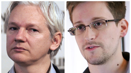 Julian Assange, le 7 juin 2013 à Londres et une capture d'image, le 6 juin 2013 à Hong Kong de l'ancien agent américain de la sécurité nationale Agence, Edward Snowden.