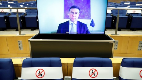 Le vice-président de la Commission européenne, Valdis Dombrovskis, lors d'une vidéoconférence à Bruxelles, le 24 septembre 2020 (illustration).