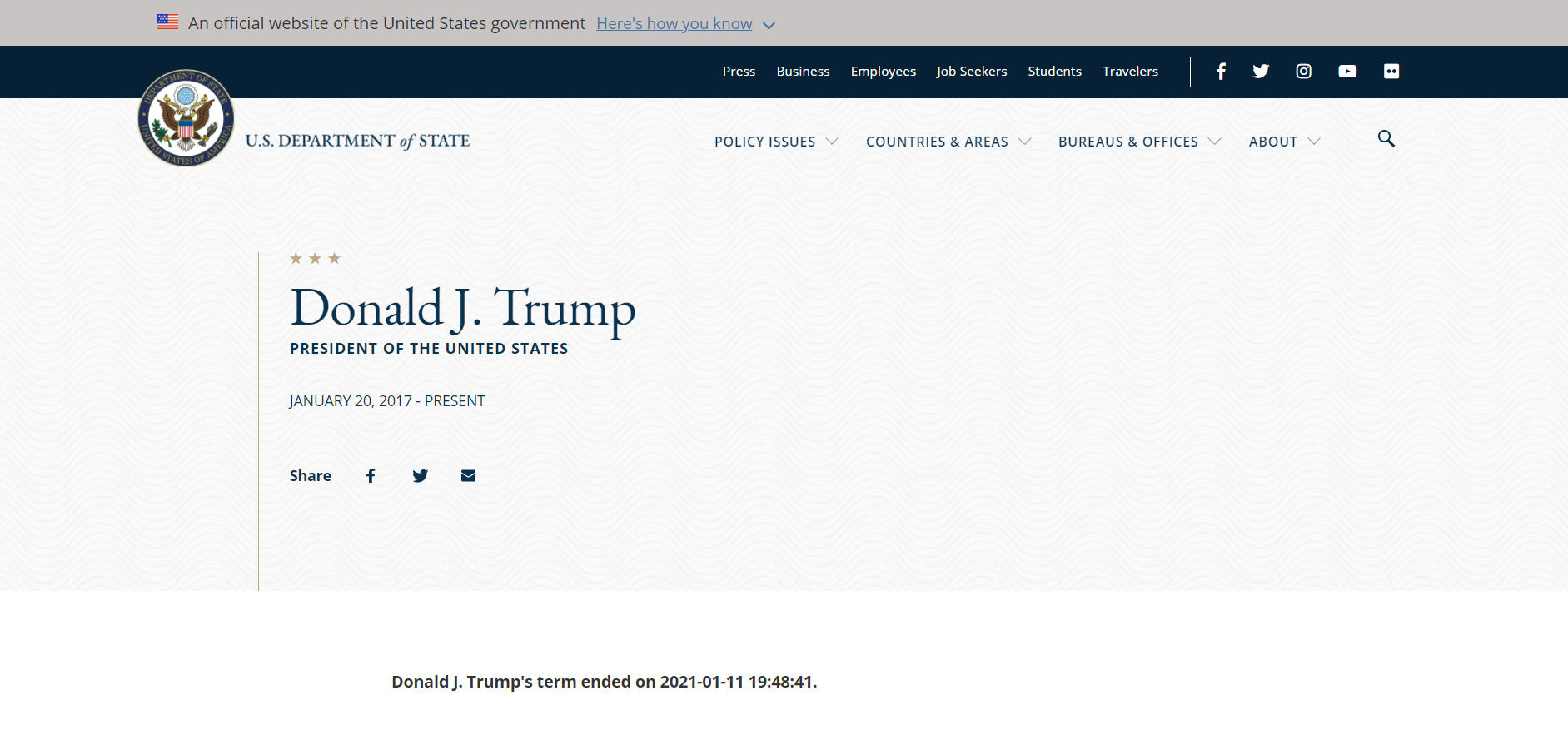 Le site du département d’Etat annonce la fin du mandat de Trump avant son terme