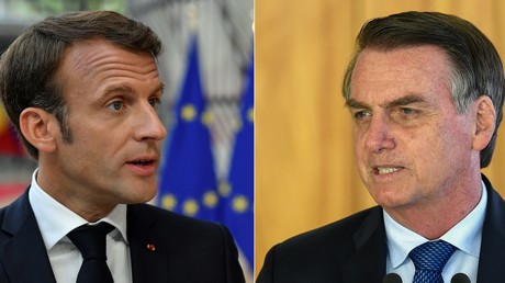 Un montage photo montrant Emmanuel Macron à Bruxelles le 30 juin 2019, et Jair Bolsonaro à Brasilia le 16 janvier 2019.
