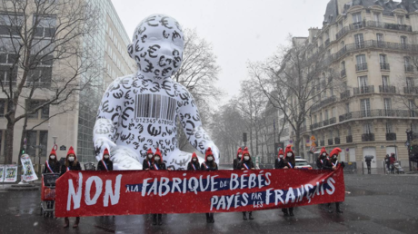 Un «bébé géant» déployé par La Manif pour tous, le 16 janvier 2021, devant le ministère de la Santé à Paris.