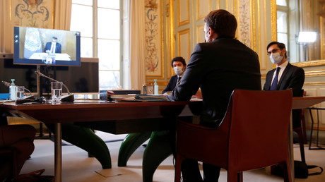 Emmanuel Macron lors d'une visioconférence avec Tedros Adhanom Ghebreyesus, patron de l'OMS, le 8 février (Image d'illustration).