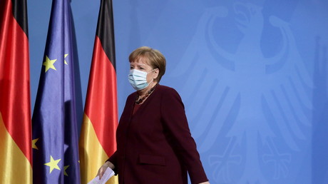 Angela Merkel lors d'une conférence de presse à la Chancellerie allemande le 19 mars 2021