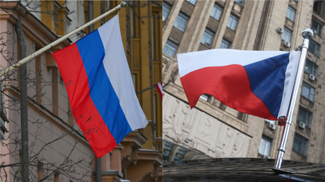 Photomontage présentant le drapeau russe à gauche, le drapeau tchèque à droite.