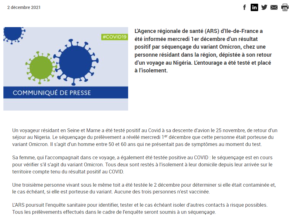 Un premier cas du variant Omicron confirmé en France métropolitaine