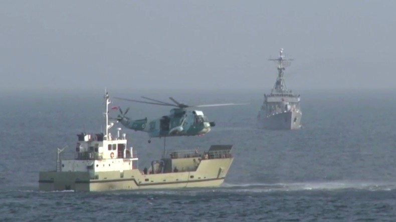 Des navires de guerre dans le golfe d'Oman lors d'exercices navals menés le 21 janvier conjointement par la Chine, l'Iran et la Russie.
