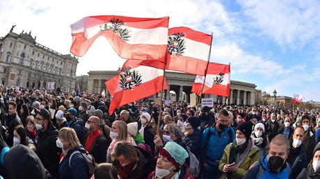 Des manifestants opposés aux mesures de restrictions anti-Covid tiennent le drapeau autrichien à l'envers, à Vienne, le 20 novembre 2021.