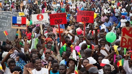 Des manifestants tiennent des pancartes anti-françaises lors d'un rassemblement en soutien à l'armée malienne et au Comité national pour le salut du peuple (CNSP), à Bamako, le 21 août 2020 (image d'illustration).