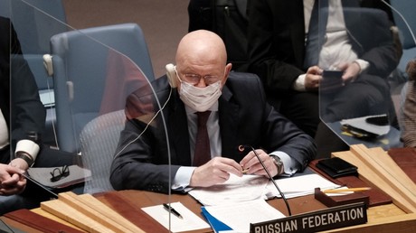 Vassili Nebenzia, assiste à une réunion du Conseil de sécurité portant sur la situation en Ukraine le 31 janvier 2022 à New York (Etats-Unis).
