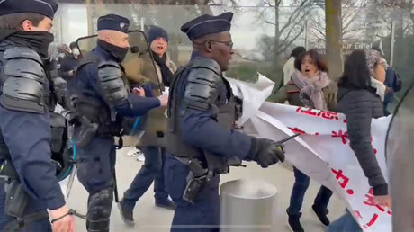 Les forces de l'ordre évacuent près de la tour Eiffel des manifestants soutenant le convoi de la liberté, le 13 février 2022.